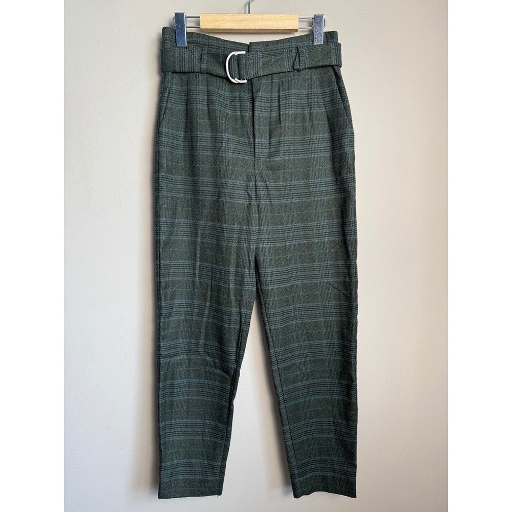 PEACEBIRD Plaid Belted‎ High Rise Tapered Trousers Green M Dark Academia Preppy
